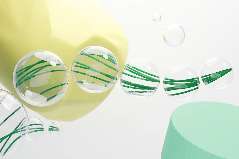 Ein CGI-Bild mit verschiedenen Elementen, die Nachhaltigkeit und Wasser symbolisieren.