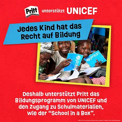 otes Pritt-UNICEF-Visual mit dem Text ‚Jedes Kind hat das Recht auf Bildung‘. Darunter ein Foto von Kindern, die mit UNICEF-Schulheften lernen und lachen. Text: ‚Deshalb unterstützt Pritt das Bildungsprogramm von UNICEF und den Zugang zu Schulmaterialien wie der School in a Box‘.