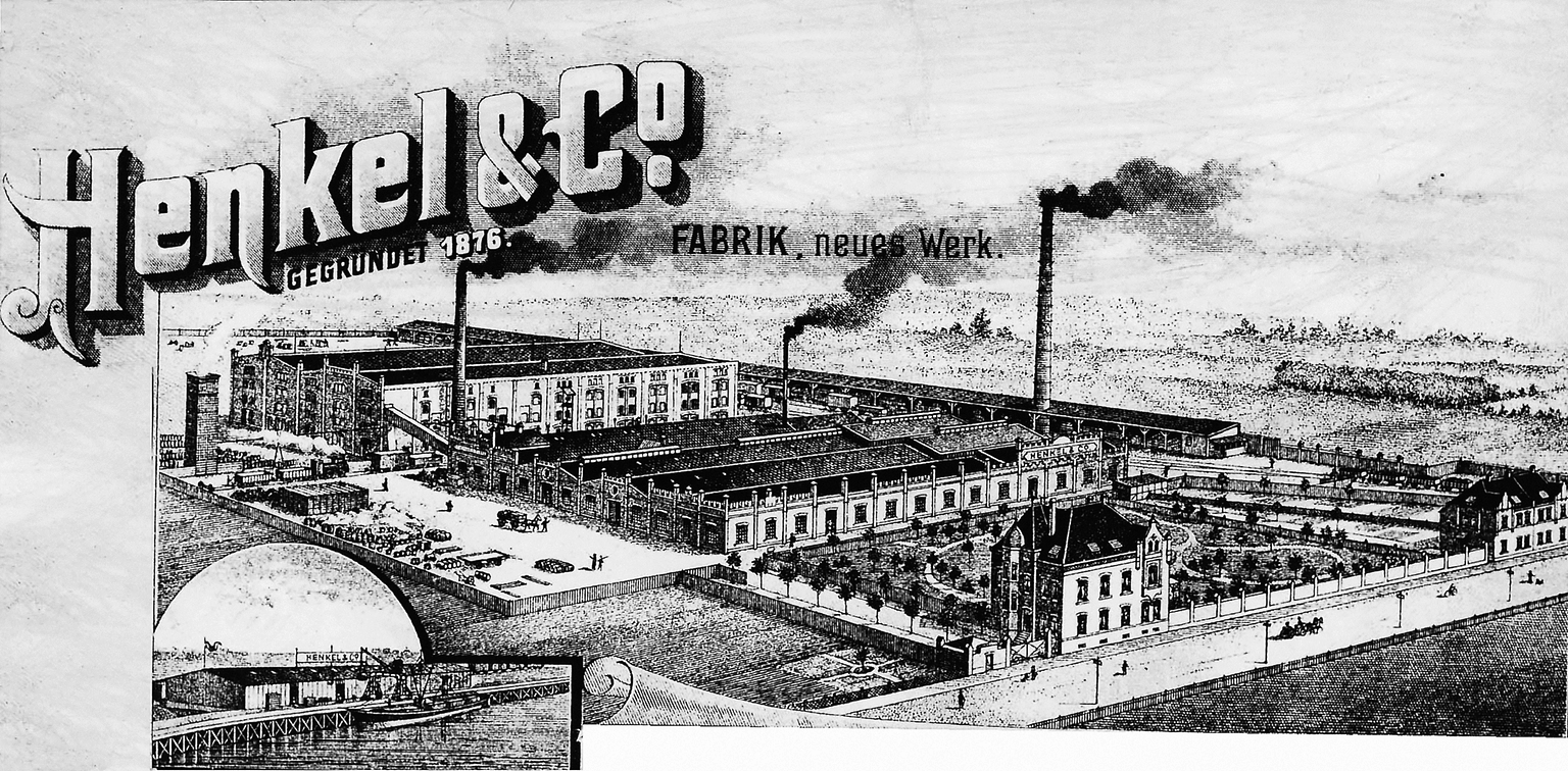 Darstellung von Henkel aus dem Jahr 1902 mit Abbildung des Werkstandorts in Düsseldorf-Holthausen und dekorativen grafischen Elementen.