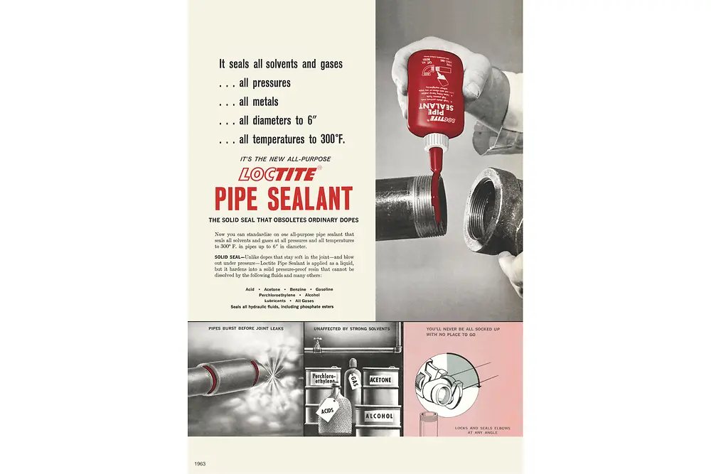 Farbiges Werbeplakat von 1963 für Loctite Pipe Sealant. Eine Hand trägt den roten Dichtstoff aus einer Flasche auf ein Rohrgewinde auf. Daneben Werbetext mit Produkteigenschaften und unten technische Illustrationen zu Dichtigkeit und Beständigkeit.