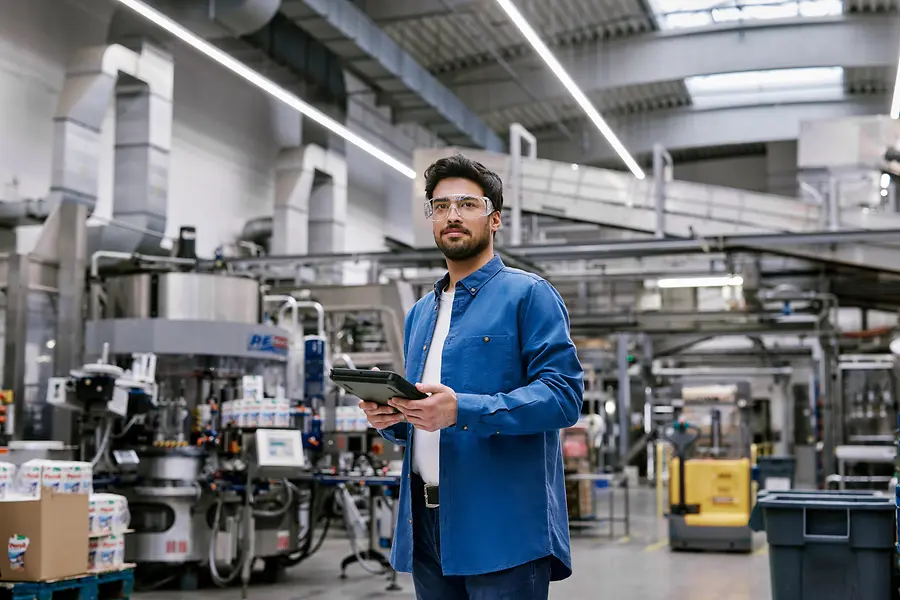 Ein Mann steht in einer modernen Produktionsanlage, hält ein Tablet in der Hand und trägt eine Schutzbrille – als Symbol für Innovation und Digitalisierung in der Fertigung bei Henkel.