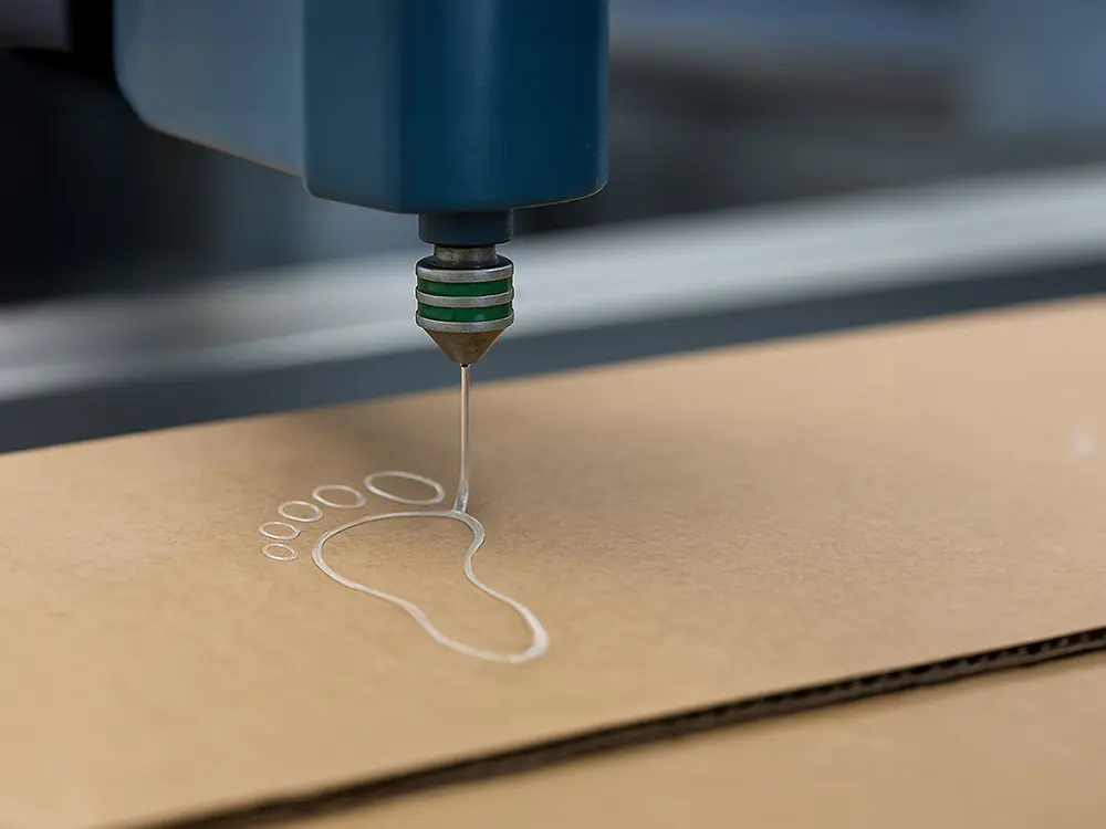 
Closeup of a nozzle applying a white footprint shaped design onto a cardboard surface 