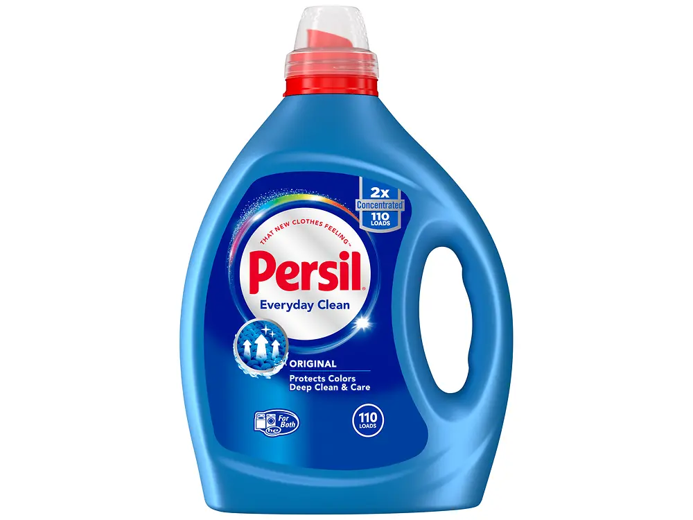 
Bottle of Persil Everyday Clean liquid detergent in a blue container, labeled “2× concentrated” and “110 loads”