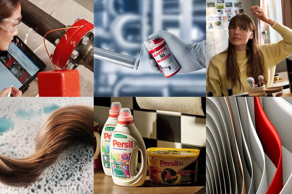 
A collage showing industrial equipment inspection, a LOCTITE adhesive bottle, a woman touching her hair, wet hair in foam, Persil detergent products, and abstract curved panels in white, gray, and red