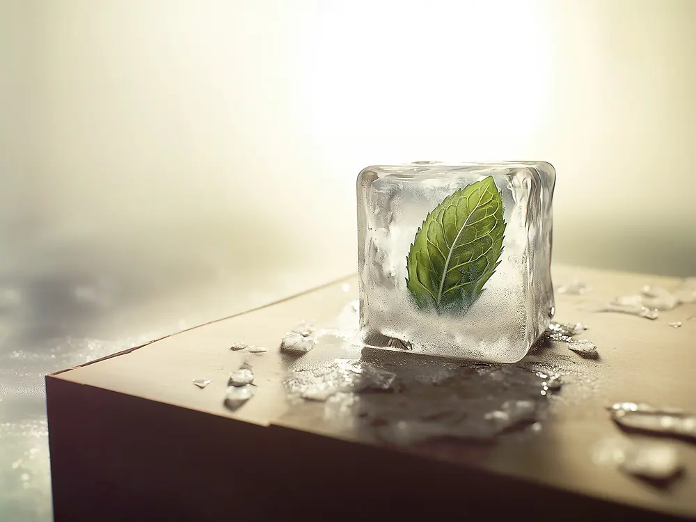 A single green mint leaf is frozen inside a clear ice cube, resting on a wooden surface with small melting ice pieces around it. Soft, warm light creates a gentle contrast between the cold ice and the bright leaf.