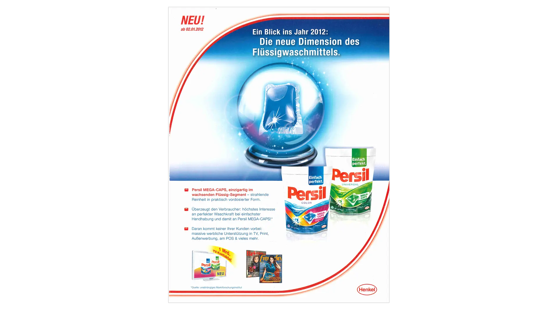 Eine Persil‑Anzeige aus dem Jahr 2012 vor weißem Hintergrund mit roten und blauen grafischen Elementen, die die Einführung der Persil Mega‑Caps präsentiert.