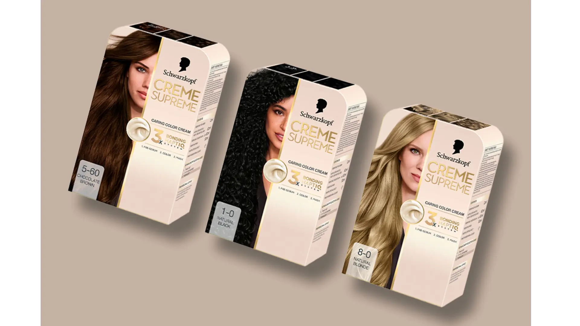 Verpackungen der Schwarzkopf Creme Supreme Haarfarbe.