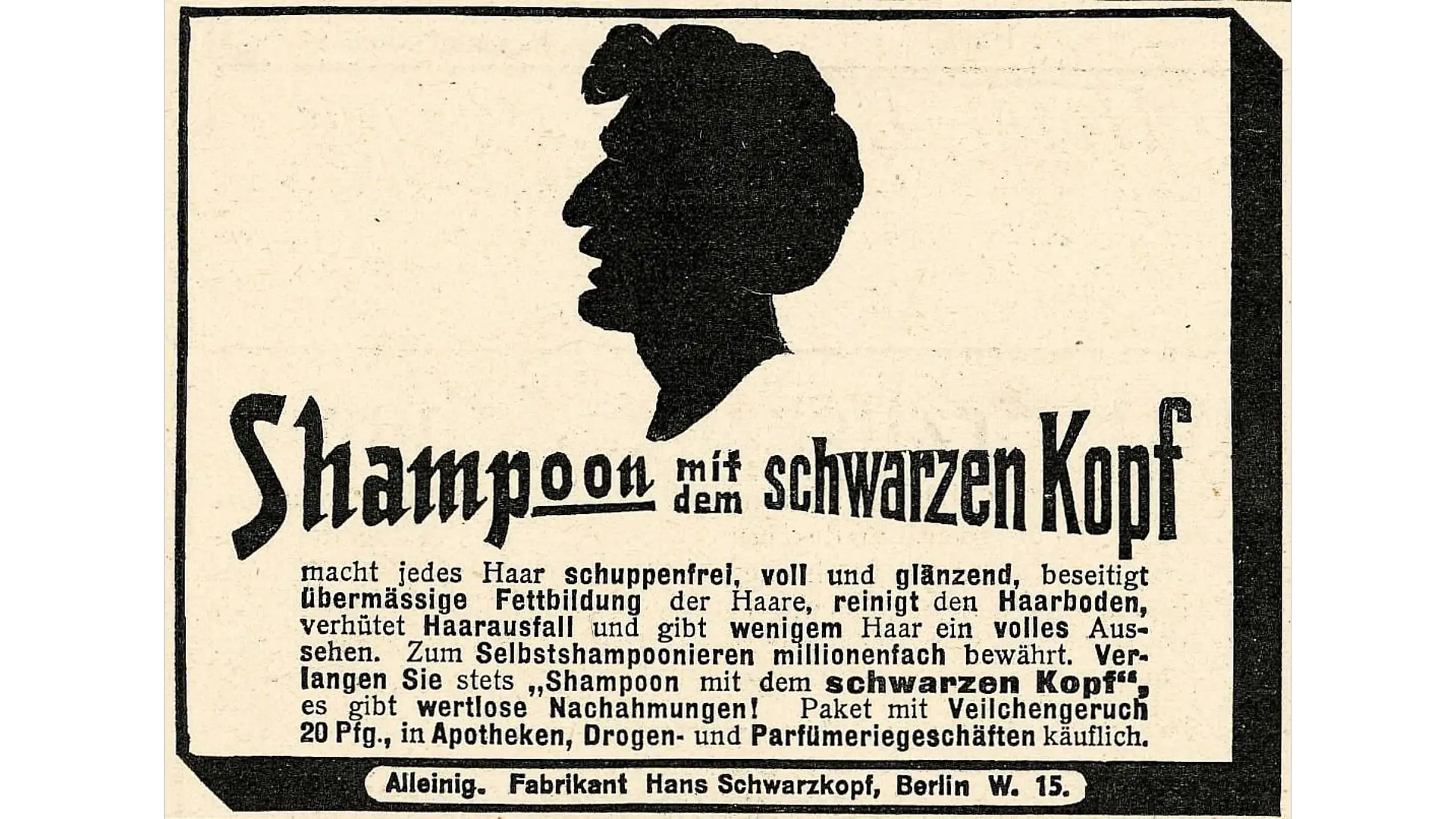 Historische Anzeige für das Schwarzkopf-Pulvershampoo „mit dem schwarzen Kopf“.