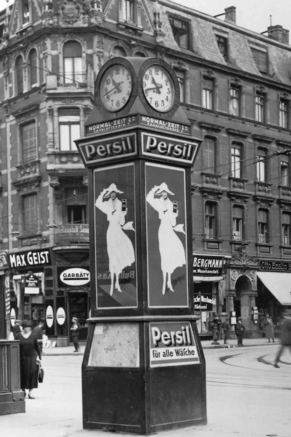 
A historic Persil clock in a city center.