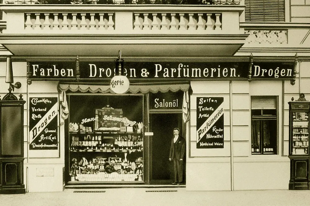 Ein historisches Bild von der Drogerie in Berlin gegründet von Hans Schwarzkopf.