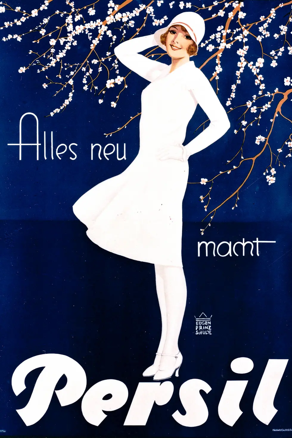 Ein altes Werbeposter mit der Persil-Figure Die Weiße Dame unter Kirschblüten.