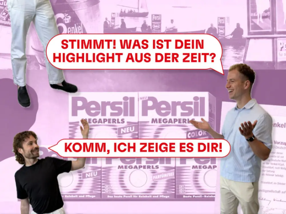 : Jubiläumsgrafik zum 150-jährigen Bestehen von Henkel mit historischen Persil-Motiven und einer dialogischen Darstellung zweier Personen.