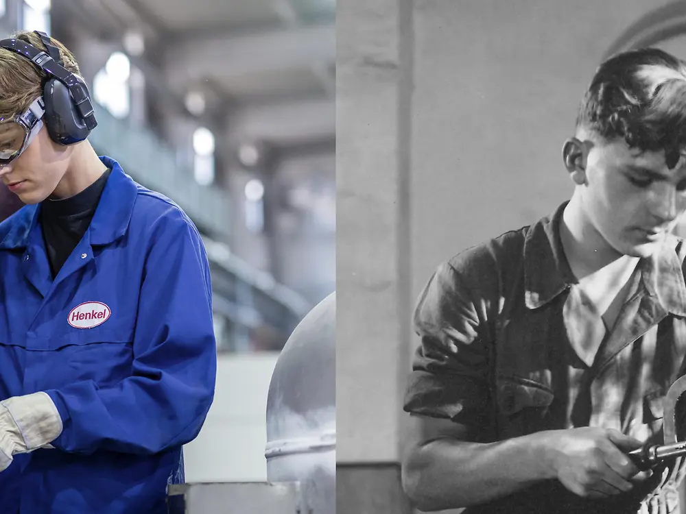 Geteiltes Bild mit einer aktuellen und einer historischen Aufnahme. Links arbeitet eine Person in Schutzkleidung an einer industriellen Anlage, rechts bedient eine Person in einer Schwarz-Weiß-Aufnahme ein Werkzeug in einer Werkstattumgebung.