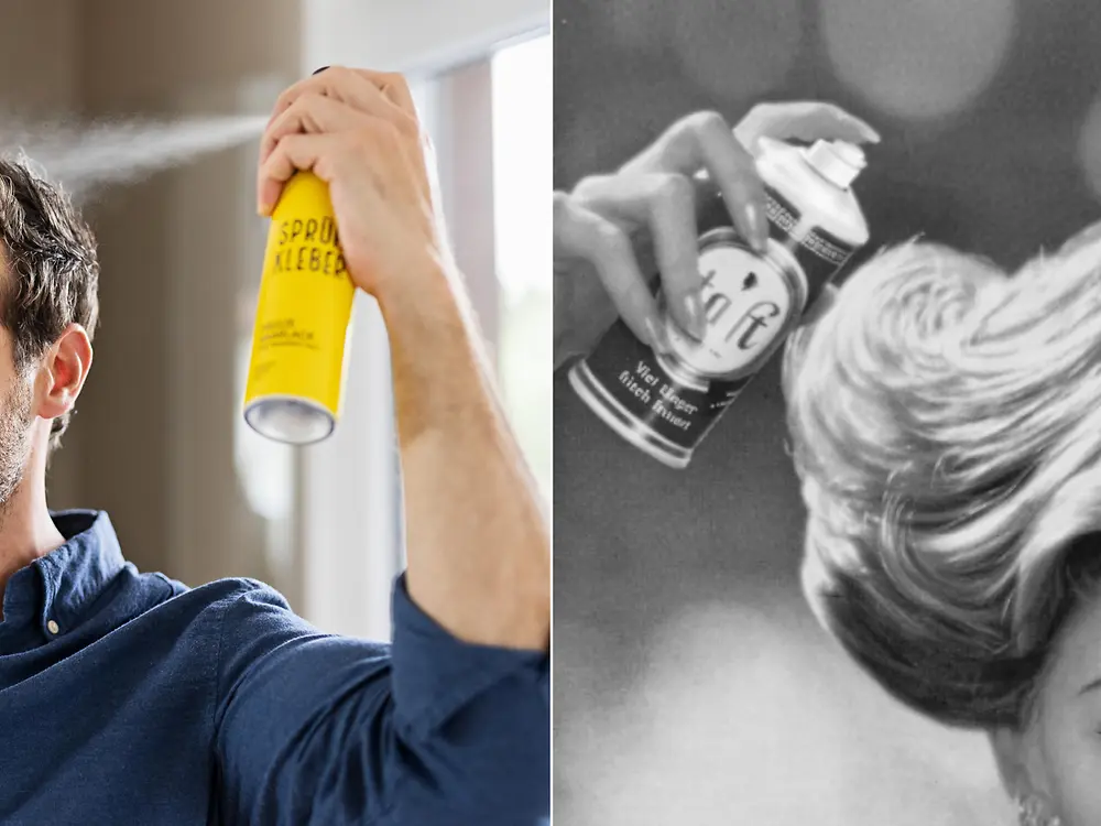 Aktuelle und historische Darstellung der Anwendung von Haarspray. Links eine Person mit Haarspraydose, rechts eine Schwarz-Weiß-Aufnahme einer Person beim Frisieren der Haare.