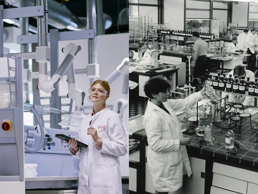 Historische und aktuelle Laborarbeit nebeneinander gestellt. Mitarbeitende arbeiten in Forschungslaboren mit wissenschaftlichen Geräten.