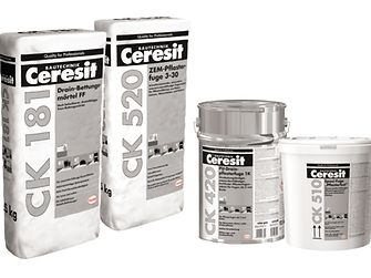 Drain-Bettungsmörtel CK 181, zementäre Pflasterfuge CK 520, Drainpflasterfuge CK 420 und Epoxi-Fuge CK 510