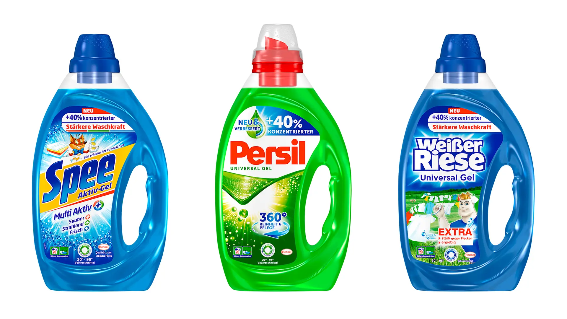 Die neuen Henkel Flüssigwaschmittel der Marken Persil, Spee und Weißer Riese 