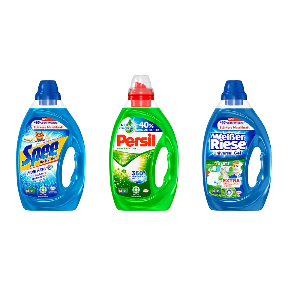 Die neuen Henkel Flüssigwaschmittel der Marken Persil, Spee und Weißer Riese 