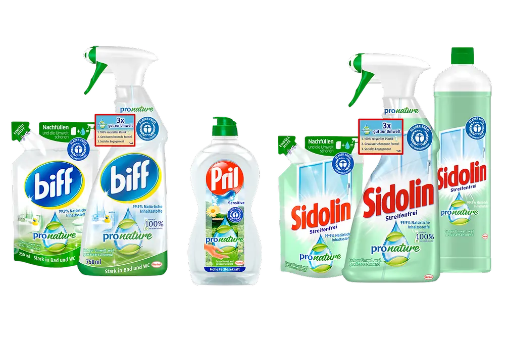 Die PET-Flaschen der „Pro Nature“-Reihe der Marken biff, Sidolin und Pril bestehen zu 100 Prozent aus recyceltem Plastik. 