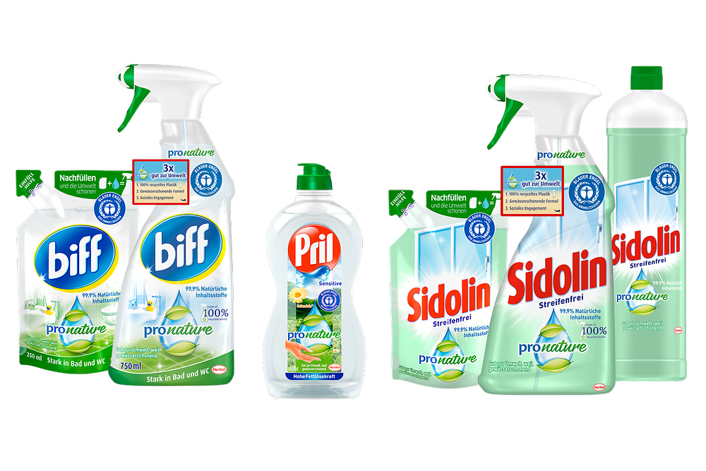 Die PET-Flaschen der „Pro Nature“-Reihe der Marken biff, Sidolin und Pril bestehen zu 100 Prozent aus recyceltem Plastik. 