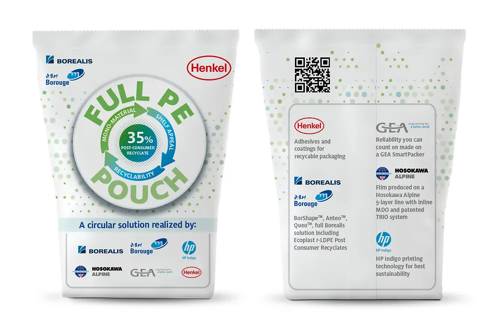 Borealis und Henkel arbeiten gemeinsam auch an einem Pilotprojekt für einen Standbeutel aus Full-PE-Laminat, der sowohl neue als auch recycelte Inhaltsstoffe enthält, die zu 35 Prozent aus recyceltem Polyethylen niedriger Dichte (LLDPE) bestehen