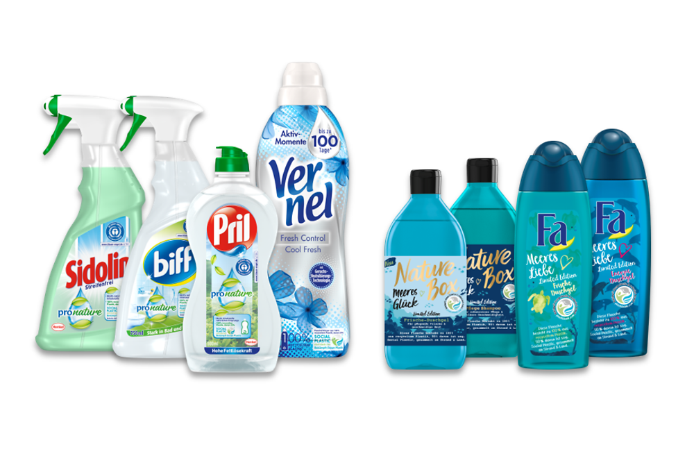 Henkel hat bereits Kosmetikprodukte und Wasch- und Reinigungsmittel auf den Markt gebracht, deren Verpackungen zu 100 Prozent aus Altplastik bestehen – davon bis zu 50 Prozent Social Plastic®. 
